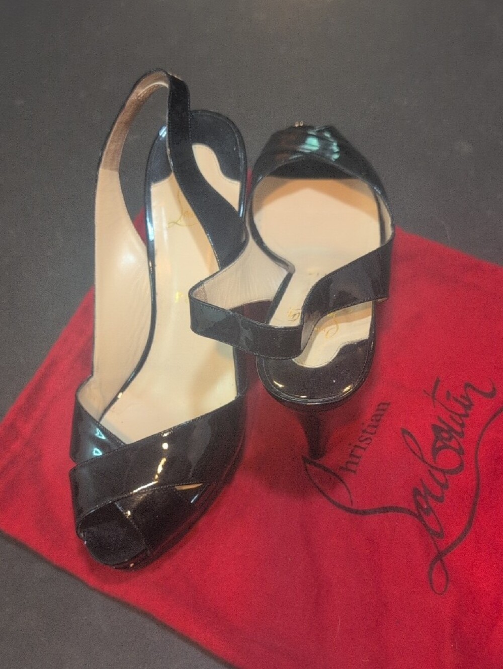 Christian Louboutin Black Patent Leather Slingback Peep-Toe Heels - Picture 2 of 3